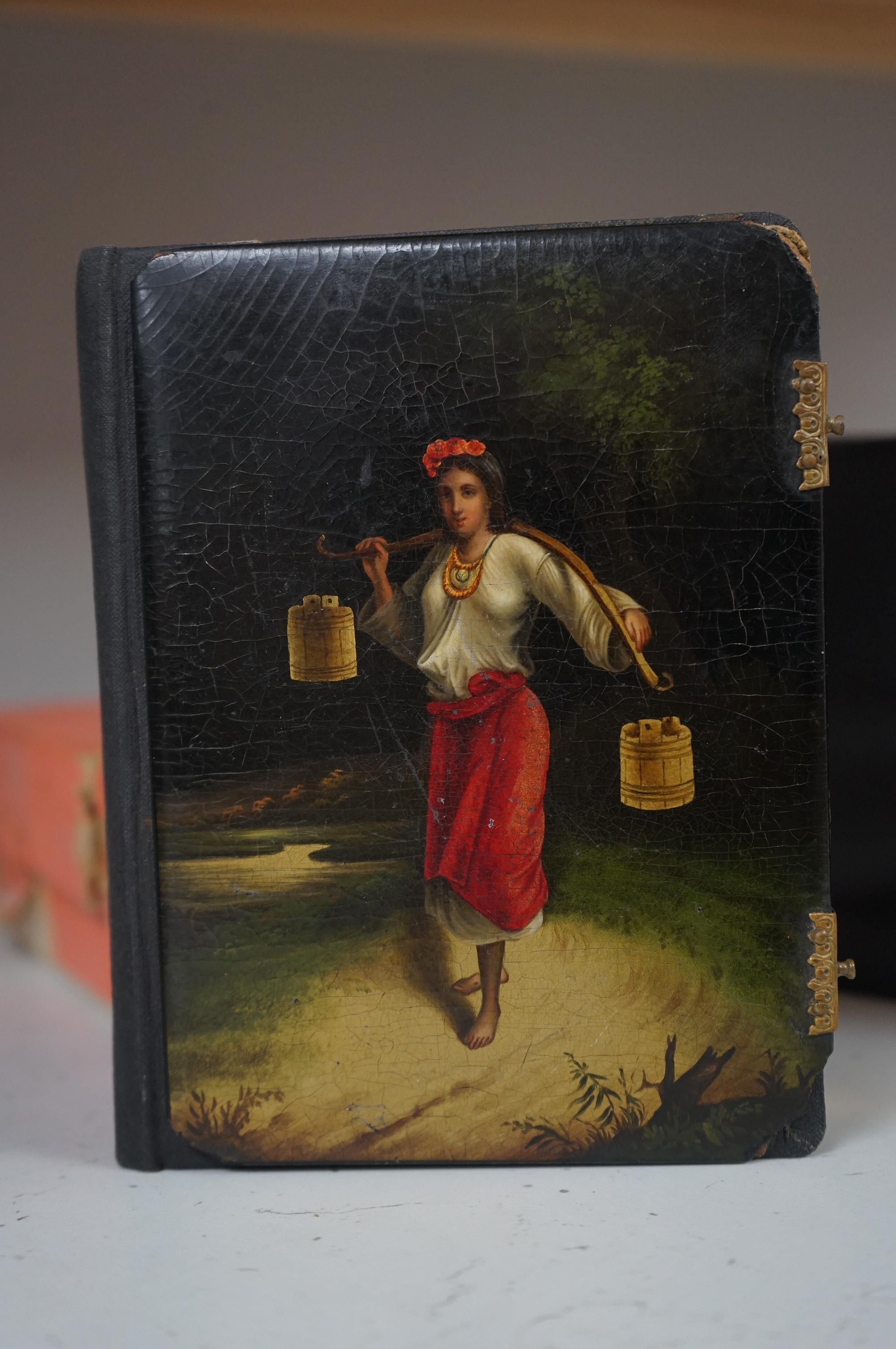 A late 19th / early 20th century Russian lacquer tea caddy and photograph album, largest 16cm high. Condition - fair/good